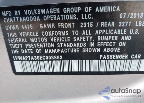2014 Volkswagen Passat 2.5L S из США, поврежденный, VIN 1VWAP7A30EC008863
